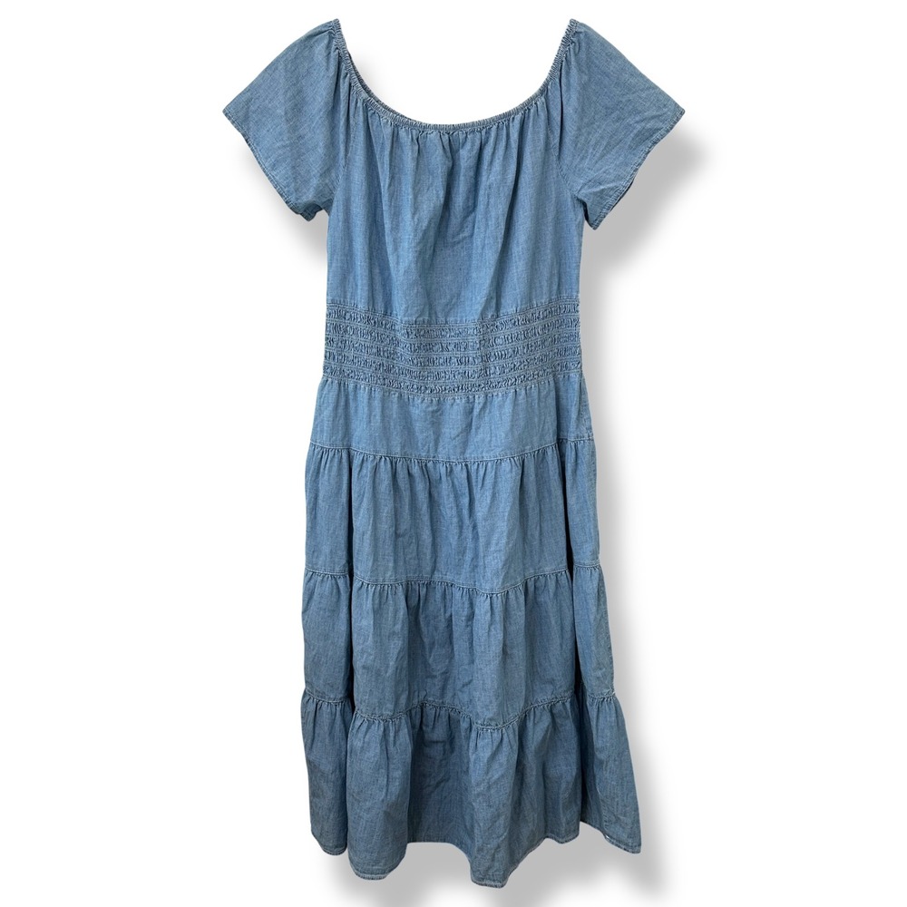 Lauren Ralph Lauren Chambray Off The Shoulder Smocked Tiered Midi Dress Blue 14 - Picture 2 of 8